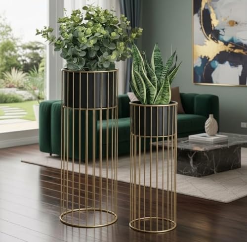 Image of Inspired Creations Modern Metal Floor Standing Planter Set of 2 | Decorative Gold & Black Indoor /Outdoor Plant Stand with Pots | Home Decor for Living Room, Balcony, Office & Bedroom