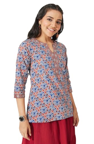 Haut A-Line bleu en pur coton léger au motif imprimé géométrique