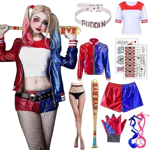 Disfraz de Quinn para Niñas Mujer, Disfraz de Cosplay Suicide Squad Halloween Carnaval Camiseta Pantalones Chaqueta y Guante, Guantes, Bate Inflable (Mujer, 2X-Large)