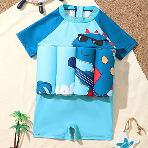 Image of Kids Float Swimsuit with 8 Adjustable Buoyancy Sticks for Baby Boys Girls One Piece Floating Swim Vest Training Aid Swimwear Blue - Short Sleeve 3-4T