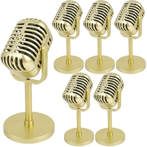 Norcoin 6 Pack Retro Style Microphone Prop Gold Fake Microphone Model with Stand Classic Vintage Plastic Microphone Prop for Halloween Role Play Hip Hop Rock Music Party Decor (Golden)