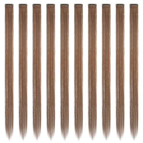 FESHFEN Coloured Clip in Hair Extension Light Brown Hairpieces for Women Party Highlight Colourful Straight Long Hair Extensions Clip in Hair Piece - Image 2