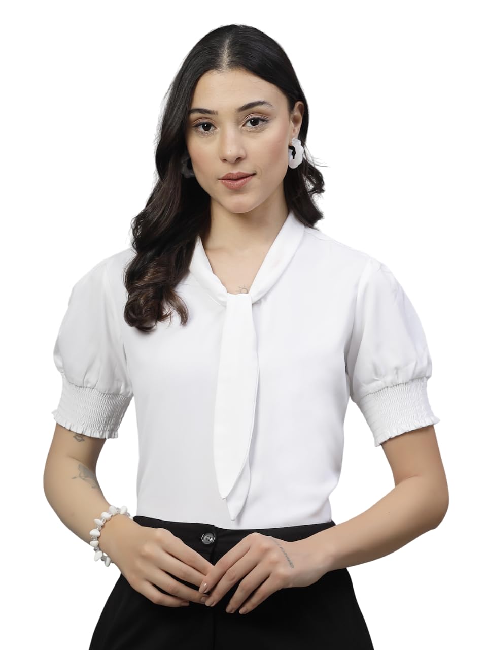 Women Solid White Polymoss Semi Formal Top