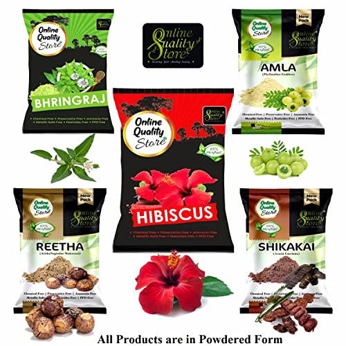 Image of Online Quality Store Amla Reetha Shikakai Bhringraj and Hibiscus Powder for Hair |hair pack powder combo |hair care products |natural products for hair |natural products for skin|products for hair(Pack of 5 ,Total 900g Pack)