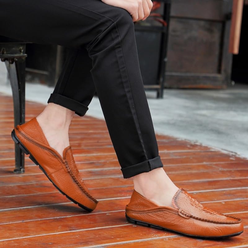 Mens Loafers Shoe Round Toe Solid Color Crocodile Print Leather Loafer Shoes Flat Heel Comfortable Flexible Fashion Slip-on4