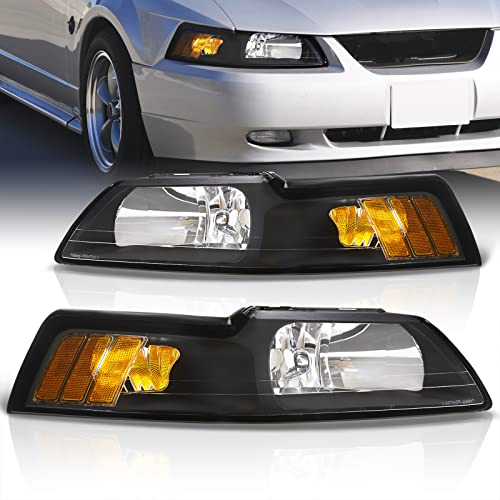 AJP Distributors Black Housing Amber Reflectors Signal Headlights Driving Lights Bumper Lamps Assembly Compatible/Replacement For Mustang GT SVT Cobra 1999 2000 2001 2002 2003 2004 99 00 01 02 03 04