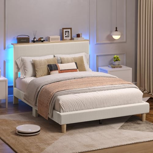 Image of Bestier Twin Bed Frame with Adjustable Headboard & LED, Upholstered, Beige