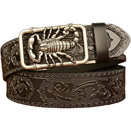 Men's Genuine Leather Ratchet Dress Casual Belt Western Vintage Leather Engraved Strap with Scorpion Sliding Buckle