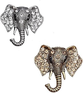 2 Pcs Gold Silver Retro Elephant Head Animal Crystal Brooches for Women Girls