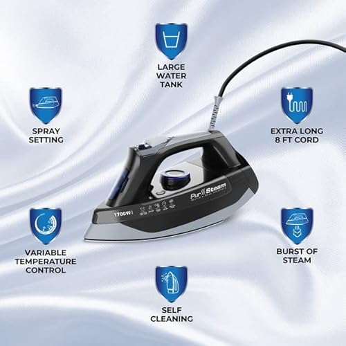 Professional Grade 1700W Steam Iron For Clothes With Rapid Even Heat Scratch Resistant Stainless Steel Sole Plate, True Position Axial Aligned Steam Holes, Self-Cleaning Function #TOP1