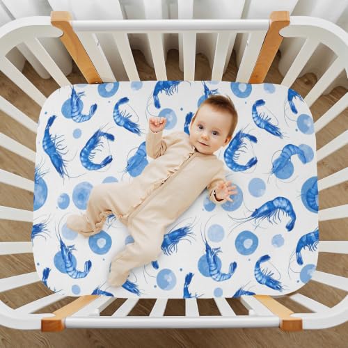Image of Crib Sheets for Boys Blue Shrimp Bubble Toddler Baby Girl for Crib,Neutral Mini Cribs Sheet Fitted,Cot Mattress 52 * 28 * 9In