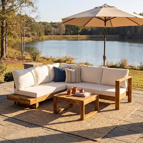 Christopher Knight Home Tenny 5-Seater Acacia Wood Patio Furniture Set Outdoor Conversation Set with Coffee Table Patio Sectional Sofa Set for Backyard/Balcony Teak+Beige
