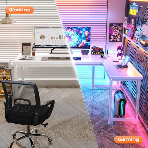 Huuger 63 Inch L Shaped Desk with Power Outlets and USB-C Port, Reversible Computer, Larger Office Corner Gaming Desk, 0.95 Inch Thicker Desktop, Metal Frame, for Home Office, Study, White