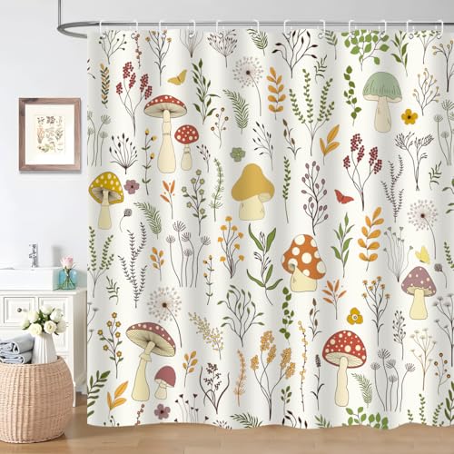 BIYSUC Mushroom Shower Curtain Boho Vintage Cute Floral Wildflower Leaves Nature Botanical Kids Bathroom Home Decor Waterproof Polyester Fabric 72Lx72W Inch with Hooks