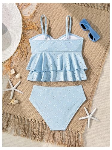 Image of SHENHE Girl's 2 Piece Tankini Swimsuit Ruffle Flounce Bathing Suit Eyelet Embroidery Swimwear