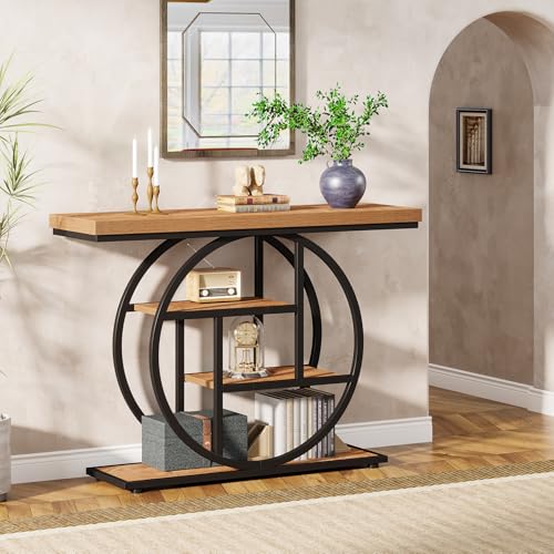 Image of Tribesigns 41.3 inch Console Table, Industrial 4-Tier Sofa Table Entryway Table with Circle Base, Narrow Wood Accent Tables with Storage Shelves for Living Room, Hallway, Foyer, Light Brown