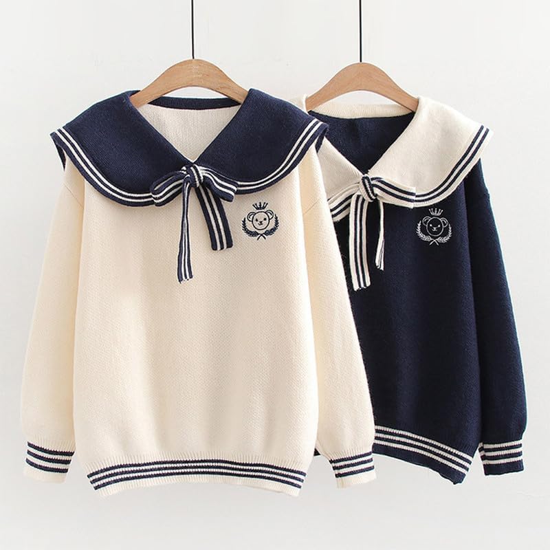BAIMORE Teen Girls Kawaii Japanese Sailor Collar Cartoon Bear Embroidery Long Sleeve Knit Sweater - Image 6