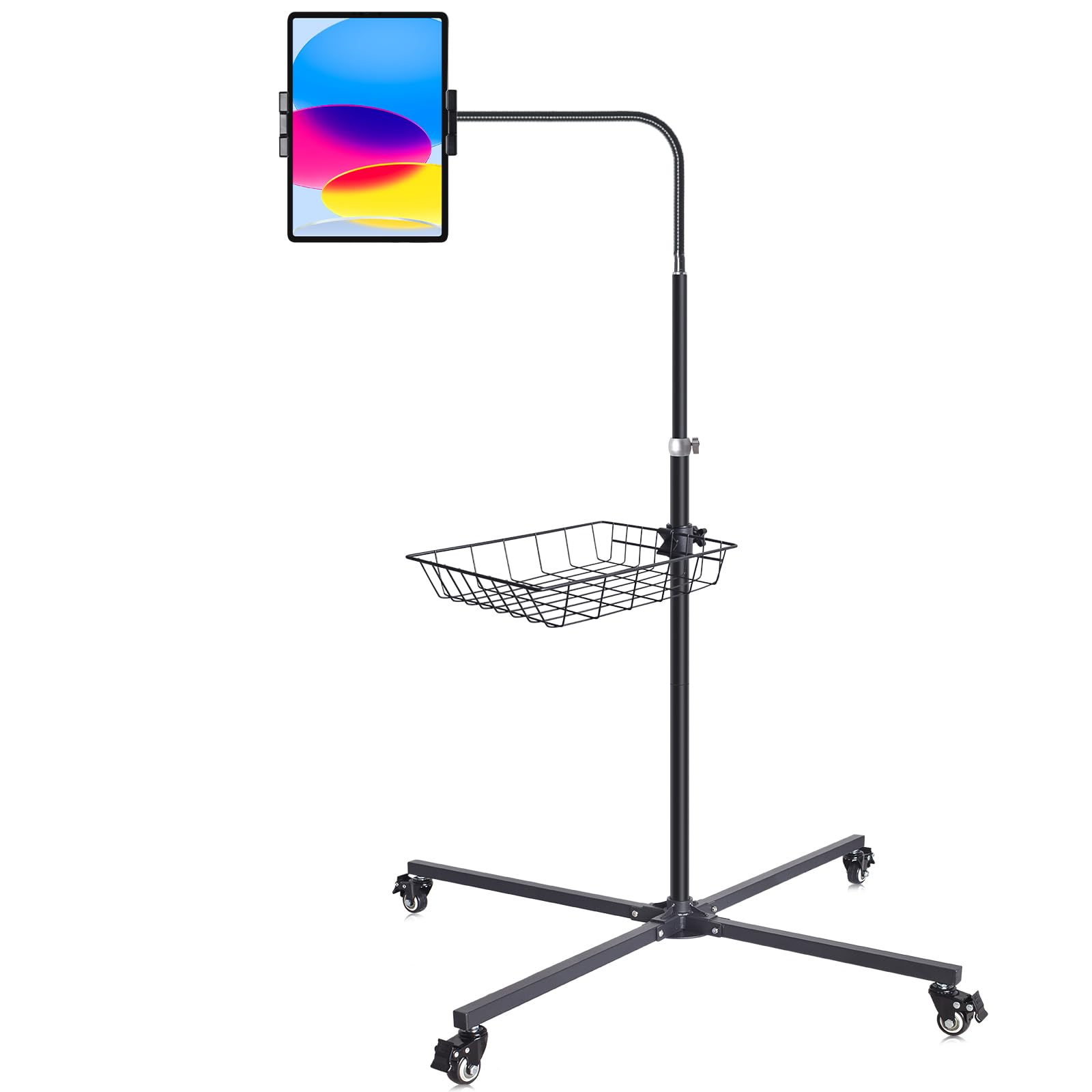 Adjustable Floor Standing Tablet Stand with Storage Basket Mobile Rolling Base Height Adjustable Metal Frame