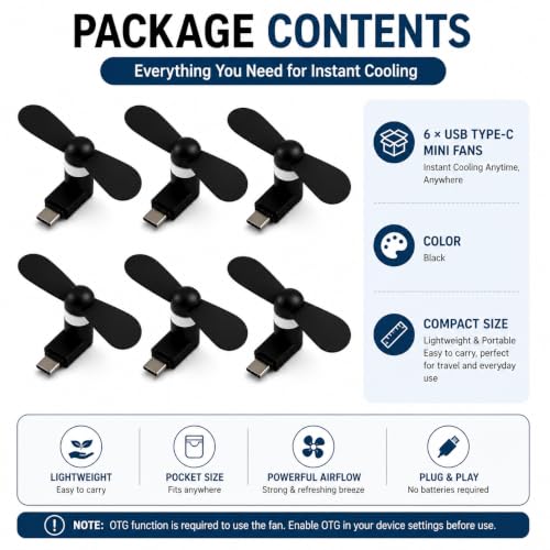 Image of USB Type-C Mini Fan Pack of 6 (OTG Required) | Portable USB-C Cooling Fan for Android Smartphones | Flexible Plug & Play Personal Fan | Compact Pocket Travel Gadget | Black