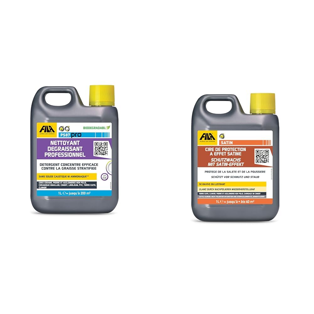 FILA Surface Care Solutions, PS87 PRO, Nettoyant Degraissant Professionel: Detergent Concentre & SATIN, Cire de Protection à Effet Satiné pour pierres naturelles