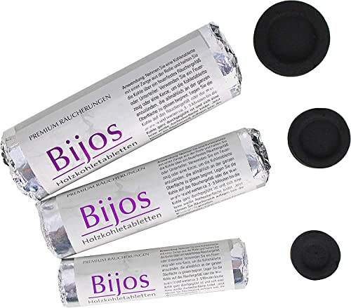 Bijos Holzkohletabletten Set mit je 10 Stück (1 Rolle) 33, 40 und 50 mm, Premium Räucherkohle aus Bambusholz, schnellzündend