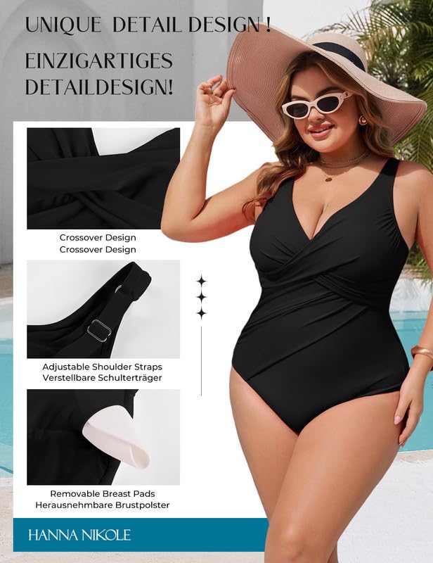 Hanna Nikole Badeanzug Damen Bauchweg Große Größen Push Up Bademode Einteiler Shape Badeanzüge Elegant Badebekleidung Crossover Monokinis Verstellbarer Schwimmanzug Komfortabel Strandmode