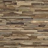 Bei dem Material der Holz Wandverkleidung handelt es sich um recyceltes Teak. Die Oberfläche ist gebürstet, strukturiert und behandelt. Die rustikale Anordnung und die verschiedenen Stärken der einzelnen zusammengefügten Holz-Riemchen ergeben dabei eine besonders schöne 3D Oberfläche. Sehr gut geeignet sind die Holzpaneele als rustikale Wandverkleidung und für schöne Akzente im Wohnraum.
