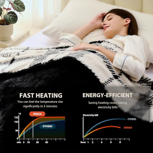 JKMAX Heated Electric Blanket Queen Size - 84"x90" Flannel Heating Blanket with 10 Heating Levels & 5 Time Settings Over-Heat Protection, Winter Warmer for Adults with ETL Certification(Black)