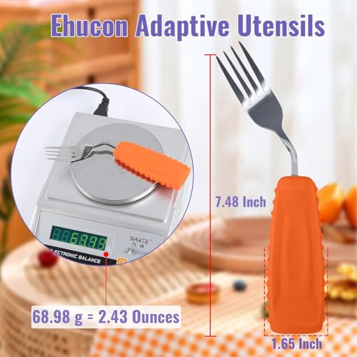 Image of Adaptive Utensils Angled Spoon and Fork for Hand Tremors Parkinsons,Weighted Utensils with Non-Slip Easy Grip Handles for Independent Eating (1pcs Spoon+1pcs Fork=2 pcs,Orange,Right Hand)