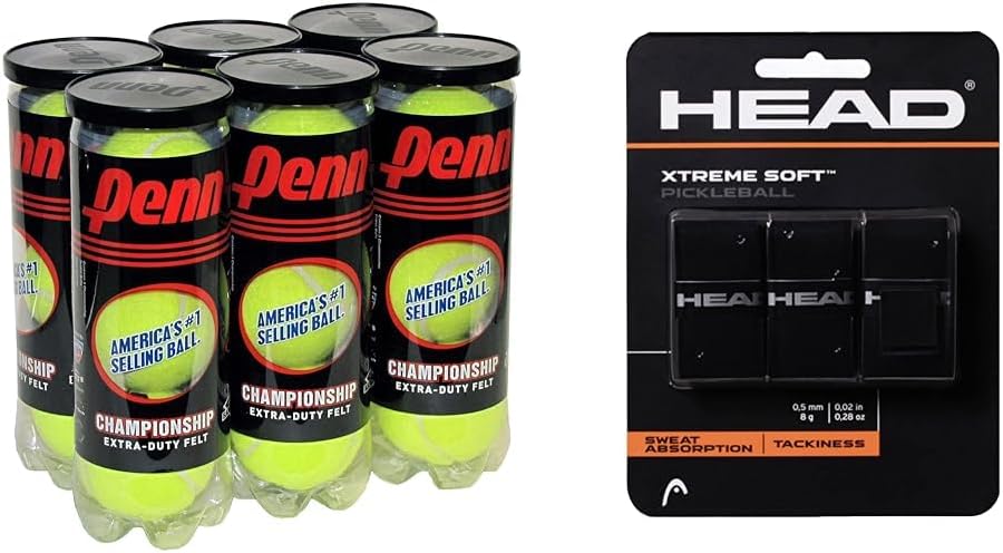 PENN Championship Tennis Balls - Extra Duty Felt Pressurized Tennis Balls - 6 Cans & Head Unisex Adult 12 XtremesoftTM Head Xtreme Soft Racquet Overgrip Tennis Racket Grip Tape 3 Pack Black