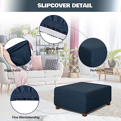 Image of NeColorLife Square Ottoman Cover Jacquard Fabric Thick Stretchable Slipcover for Oversized Square Ottoman Furniture Protector,X-Large,Navy Blue