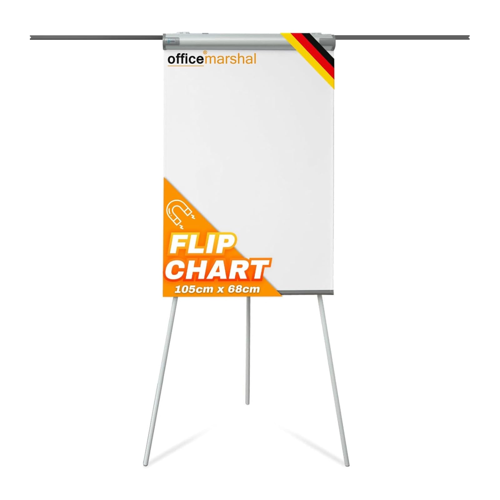 OfficeMarshal Magnetic Flip Chart 73 x 105 cm with Aluminium Frame and Removable Pen Tray for Office, Home and School, Magnetic Board, Scratch-Resistant and Dry Erasable, Magnetic Board