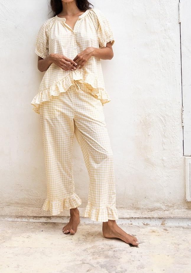 Image of Argeousgor Women Plaid 2 Piece Pajama Set Button Down Puff Sleeve Babydoll Shirt Gingham Pants Pj Lounge Set Sleepwear