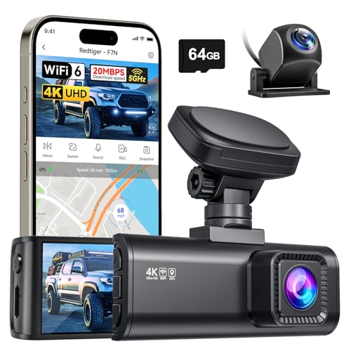 REDTIGER F7N 4K+1080P Dashcam Voiture Avant et arri&egrave;re,Cam&eacute;ra Embarqu&eacute;e avec WiFi et GPS Int&eacute;gr&eacute;s pour Voitures,Carte SD 64G,&Eacute;cran 3,18 Pouces,Vision Nocturne,Mode Stationnement 24H(F7N)