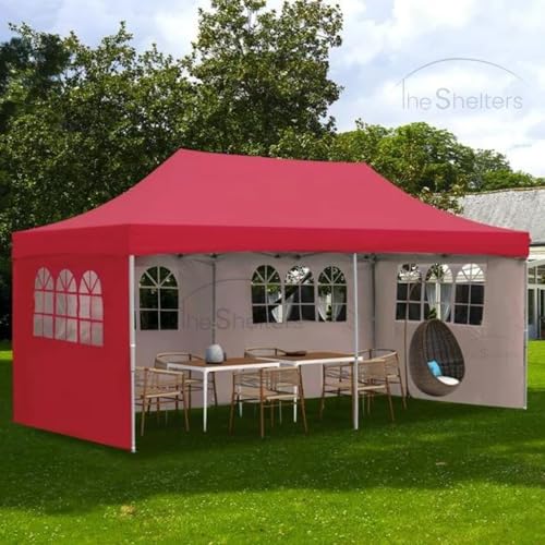 Image of 10x20ft / 3x6m Pop up Outdoor Canopy Tent | Portable Shade Instant Folding Gazebo Tent | Heavy Duty Gazebo Canopy Shelter 2 Mins Installation | 40Kgs (Red with 3 Window Side Walls)