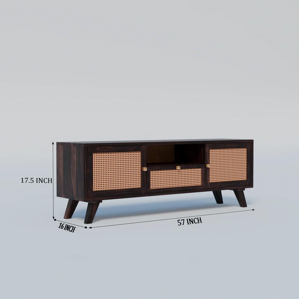 Image of Premium Solid Wood, 10 Minutes Assembly (Legs Only), Aesthetic Rattan Doors, Mid Century Entertainment Center for Living Room, TV Stand for 65 inch TV, Dark Chocolate (D-Dark Walnut)