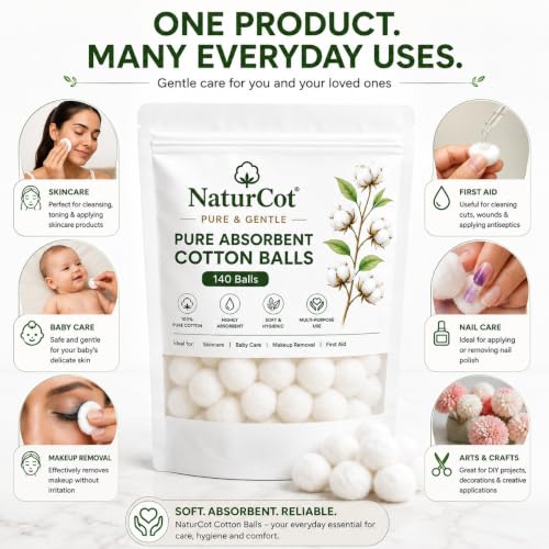 Image of Enriched Premium 100% Pure Cotton Balls (140 Pieces) | Ultra-Soft, Lint-Free & Highly Absorbent | Resealable Moisture-Proof Pouch for Skincare, Baby Care, Makeup Removal & First Aid