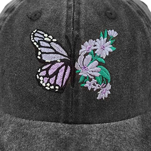 Butterfly Floral Trucker Hats Baseball Cap- Embroidery Purple Butterfly Daisy Denim Outdoors Snapback Hat- Butterfly Gifts For Women Girl- Black Yellow #TOP1