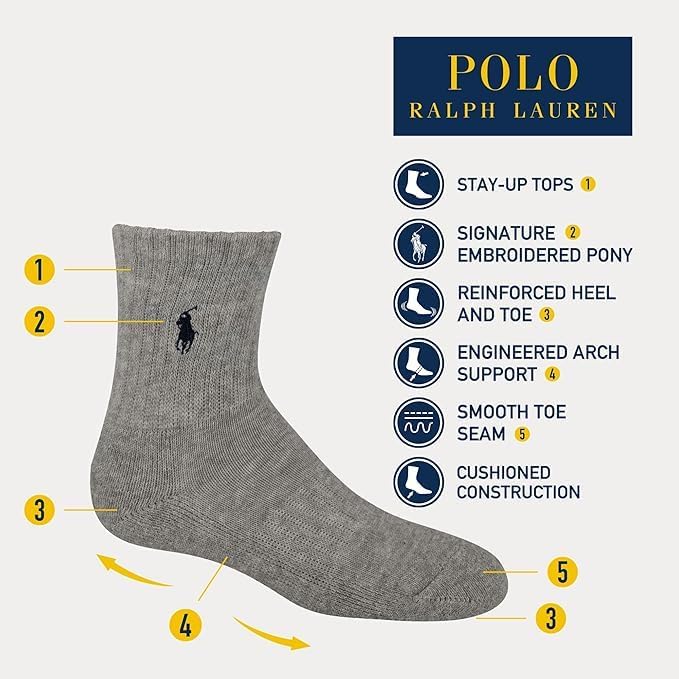 POLO RALPH LAUREN Boys' Athletic Performance Crew Socks (6-Pair) - Image 4