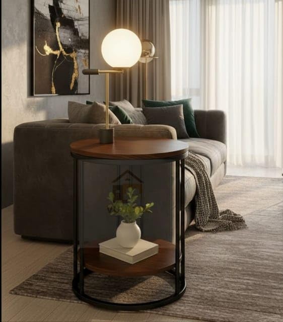 Image of 2 Tier Round Coffee Table with Brown MDF Wood Top, Gold Metal Frame & Storage Shelf |Table for Living Room, Bedroom, Balcony & Office | Modern Compact Accent Furniture for Home Decor