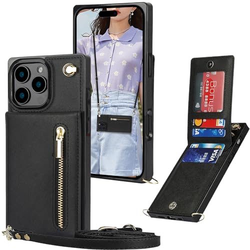 Ysnzaq Wallet Case for iPhone 16 Pro Max 6.9" with Crossbody Lanyard Strap & Credit Card Holder for Women PU Leather Zipper Purse Flip Cover Case for iPhone 16 Pro Max/Apple 16 Pro Max. XK-Black