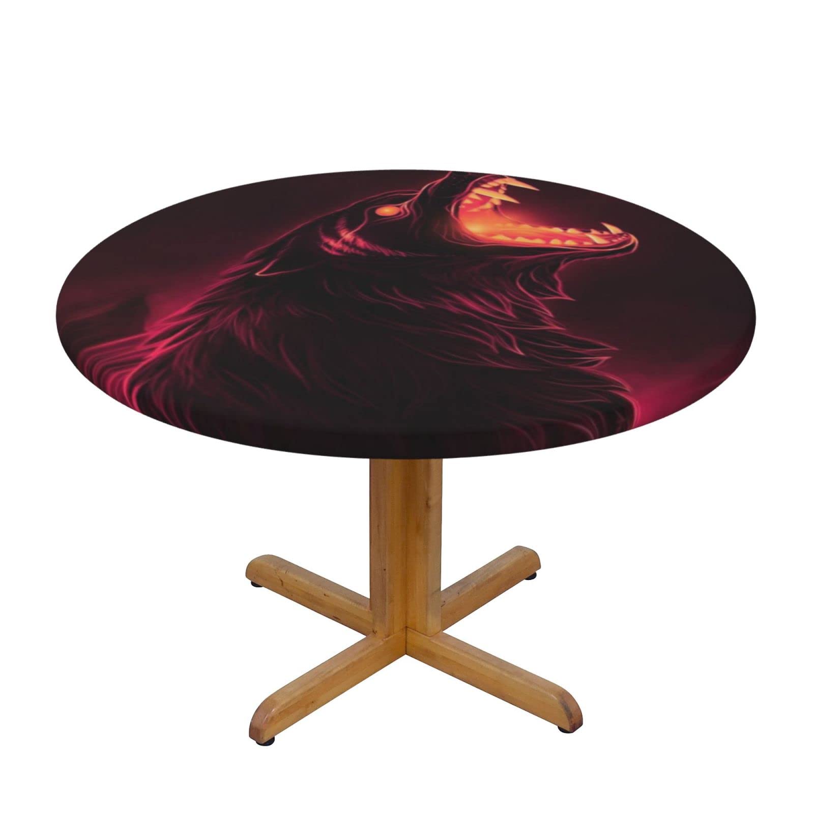 Lsjuee Round Fitted Tablecloth 40-44in Elastic Edged Table Cloth for Kitchen Dining Party Home Decor - Wolf Howling Angry Moon Red