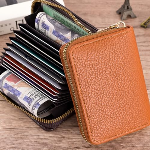 Women and Men Lychee Pattern Credit Card Holder with Zipper,11 Cards Slot Case for ID Card Coins(Brown)4
