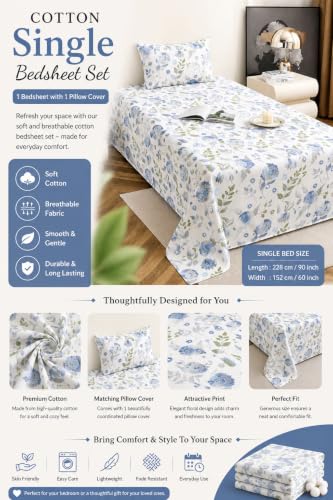 Image of IVAZA 220 TC Soft Ezyption Cotton Floral Single Bed Sheet - Single bedsheet with 1 Pillow Cover Hypoallergenic, Brethable, (Size- 90 x 60 Inch White Grey
