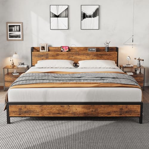 GarveeHome King Size Bed Frame Charging Station with 2 USB Ports & 2 AC Outlets, Heavy Duty Metal Bed Frame with Wooden Headboard and Footboard, No Box Spring Needed, Easy to Assemble, Brown