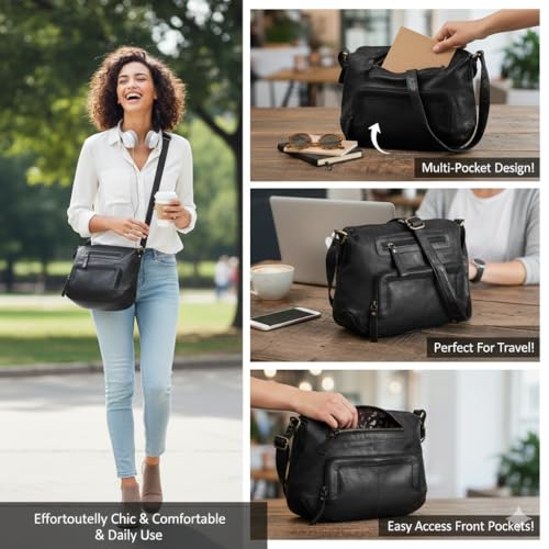 Image of Oak Leathers Women's Crossbody Bag - Genuine Leather Crossover Shoulder Purse With Adjustable Sling Strap - Medium Size