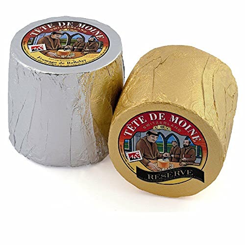 Tete de Moine Classic und Reserve AOP Mönchskopfkäse 1600g zwei ganze Laibe für Girolle Käsehobel KÜHLBOX-Versand mit Styroporbox und Spezialkühlakku für Lebensmittelversand