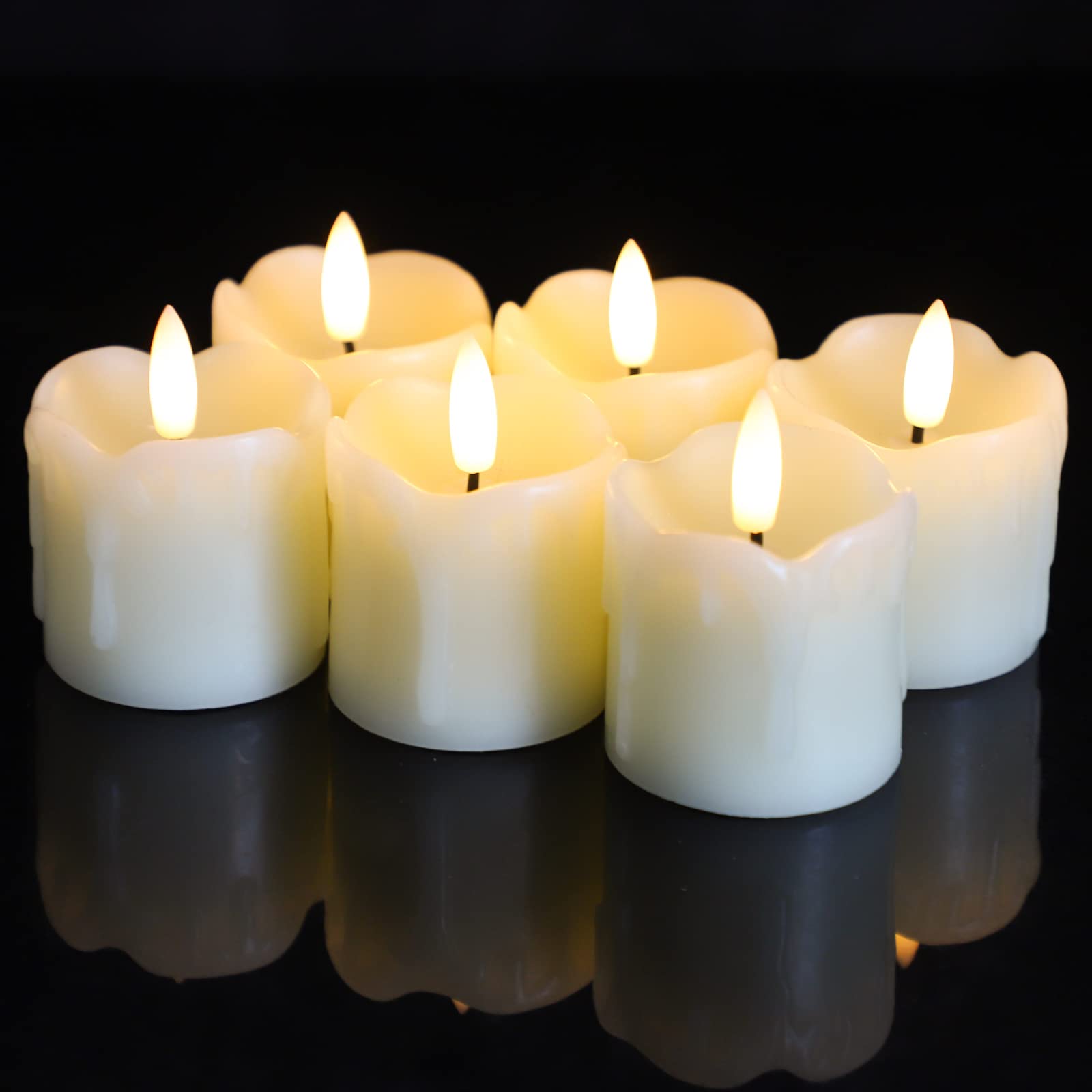 Lezonic Flameless Votive Candles Battery Operated with Remote and Timer, Pack of 6 (D:2" X H:2") LED Ivory White Long Lasting Flickering Wax Candles with Realistic 3D Flame