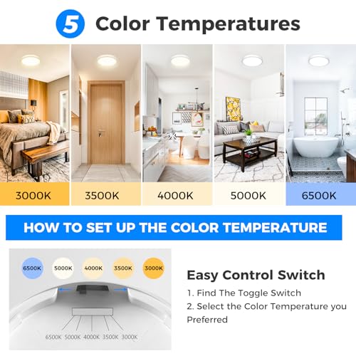 Peasur Bathroom Light, 3000K/3500K/4000K/5000K/6500K 5 Color Temperature LED Ceiling Light, 15W 1500LM, IP54 Waterproof, Round, Small, Modern, Flush Ceiling Light for Bathroom, Kitchen, Bedroom, White - Image 3