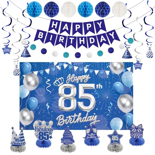 Happy 85th Birthday Party Decoration: Including Birthday Banner Backdrop Party Table Centerpieces and Hanging Swirl Party Streamers Birthday Decor for Men and Women (Blue 85th Birthday)